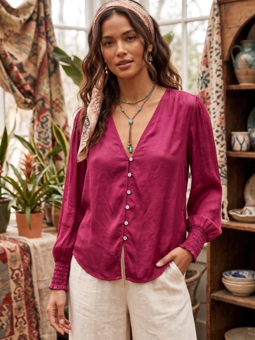 Anthro Cloth & Stone Smocked Cuff Button Down Shirt - Dark Fuchsia - Small NWOT